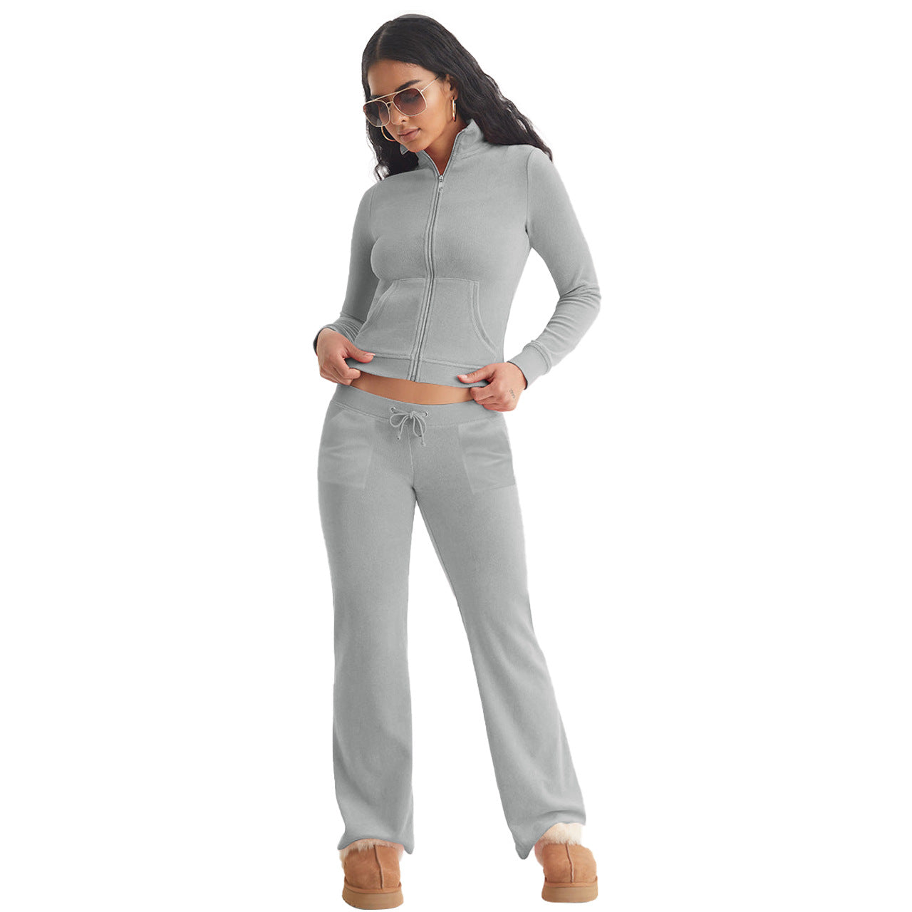 Stylish Casual Two-Piece Set With Silver Fox Fleece Stand Collar