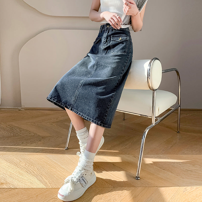 High Waist Denim Back Slit Skirt Slimming Casual A- Line