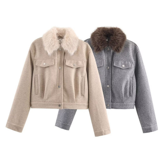 Women's Wool Lapel Single-breasted Long Sleeve Pocket Trim Jacket