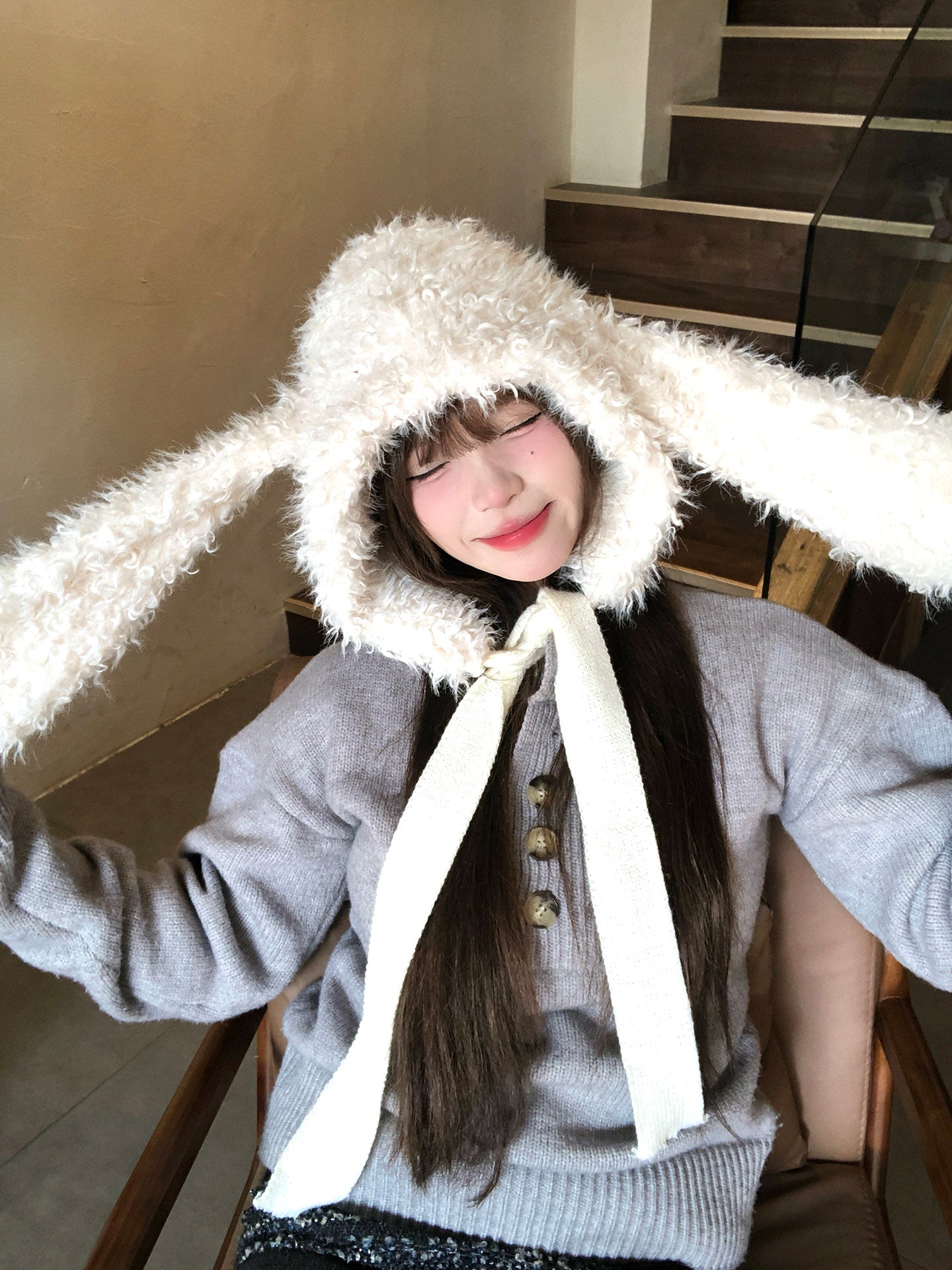 Korean-style Sweet And Cute White Plush Hat With Bunny Ears