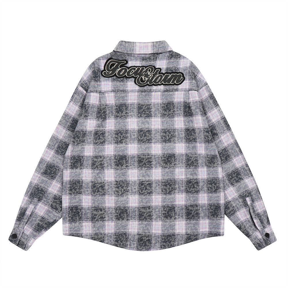 Washed And Worn Plaid Jacket Shirt For Men