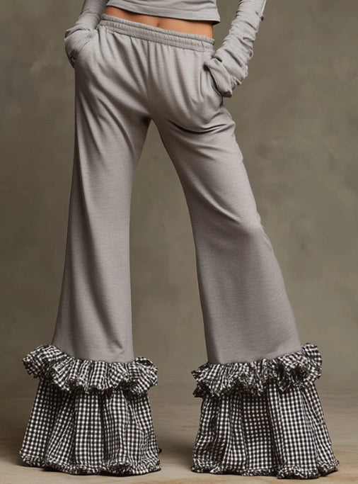 Fashionable Sporty Grey Half-zip Top With Plaid Ruffled Flared Pants Set