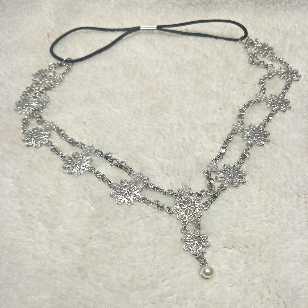 Vintage Pearl Flower Elastic Tassel Hair Band Hair Chain