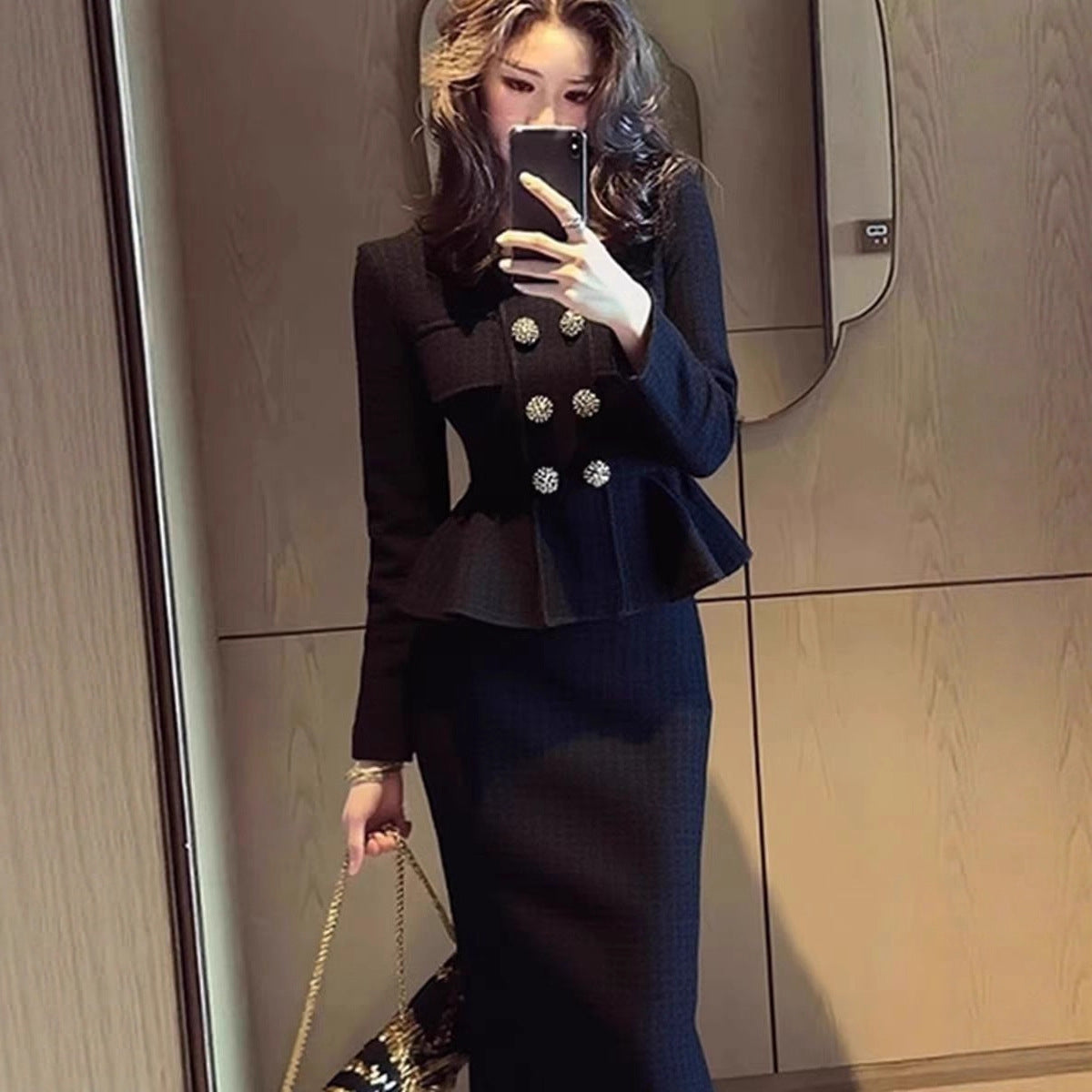 High-fashion Black Coat And Skirt Set