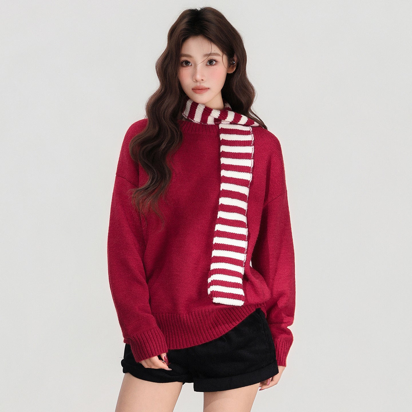 Striped Scarf Long Sleeve Coat Base Shirt Women