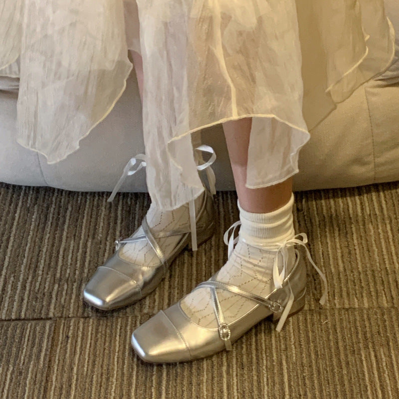 Silver Ballet French Mary Jane Square Toe Low Heel Shoes
