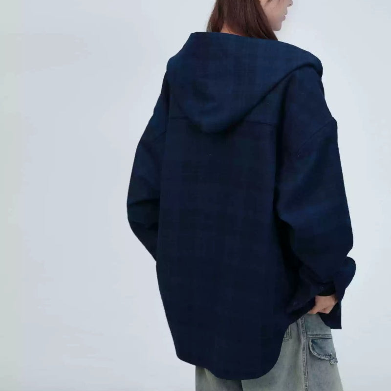 Spring New Men And Women Blue Plaid Hooded Long-sleeved Shirt