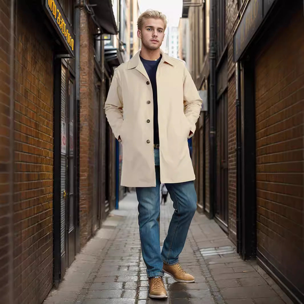 Langærmet trenchcoat til mænd, revers, slim fit, enkeltbrystet, afslappet jakke