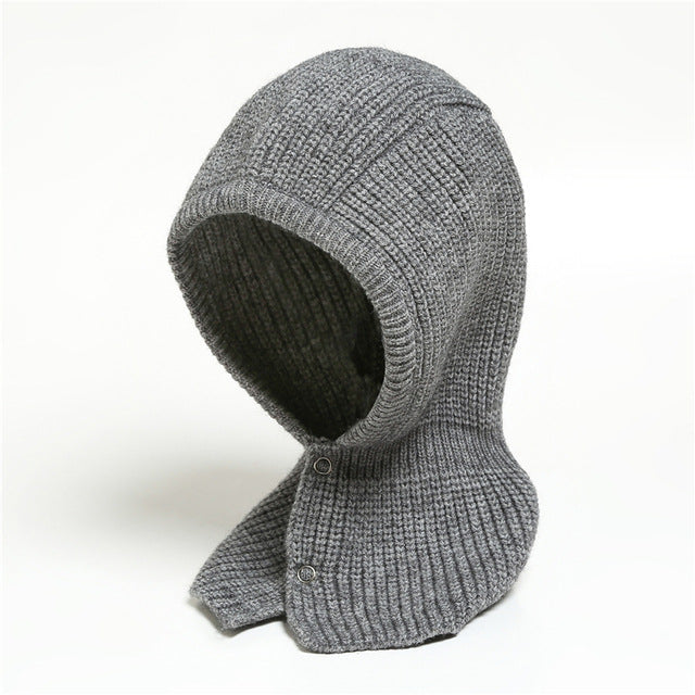 One Piece Warm Solid Button Wool Hat Neckband