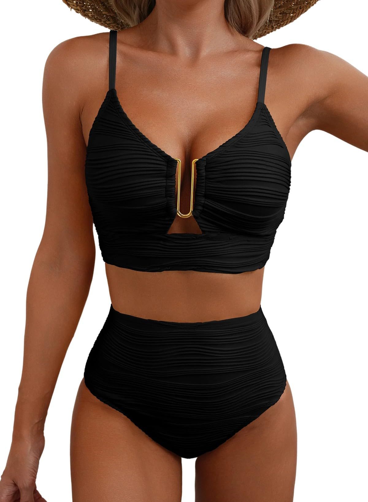 New V-neck Hollow-out Bikini With High-waisted Textured Ruffle Detailing