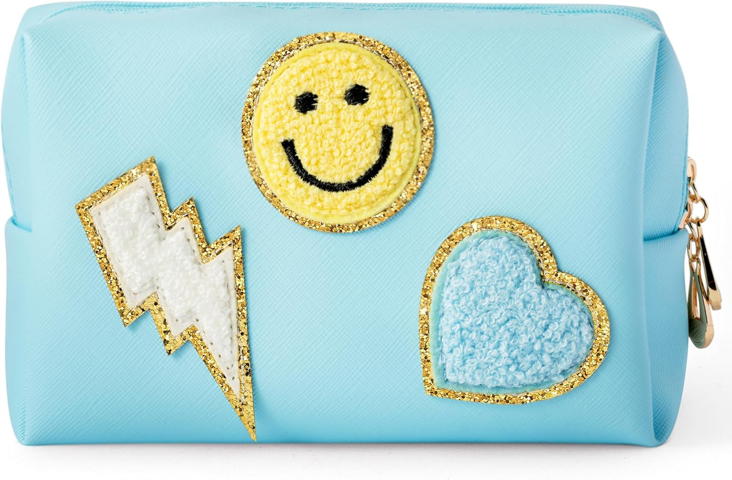 Preppy Patch Small Toiletry Bag Smile Lightning Heart PU Leather Portable Waterproof Makeup Cosmetic Bag Daily Use Storage Purse Travel Organizer Compliant Bag for Women Girls Gift (Pink)