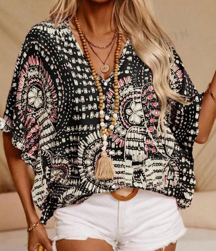 European And American Leisure Shirt New V-neck Printed Vacation Style