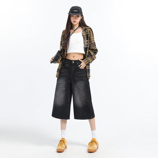 American Retro Washed High Waist Wide Leg Straight Jeans