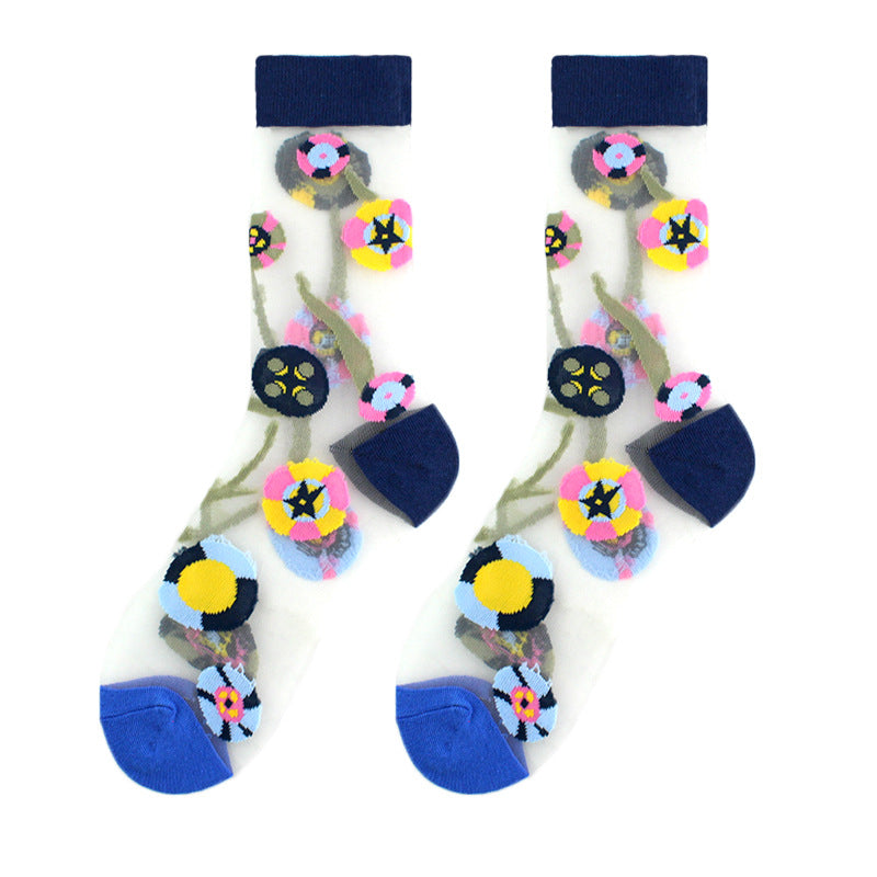 Thin Mid Tube Fashion Style Flower Forest Glass Stockings