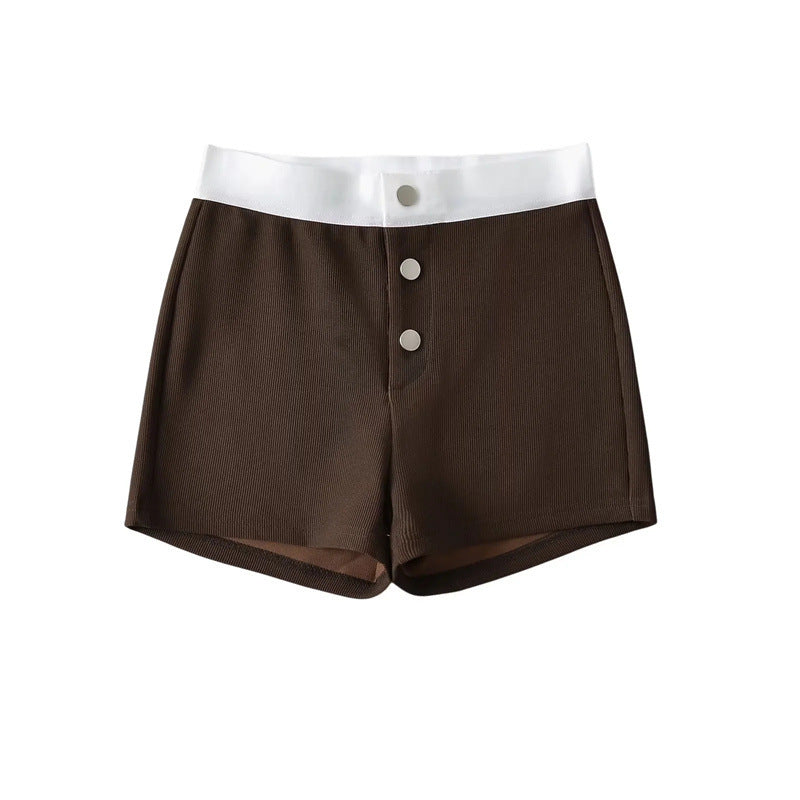 Hot Girl Sweet Cool Style Color Matching High Waist Three-button Casual Shorts Fashion Outerwear Home Wide Leg Hot Pants