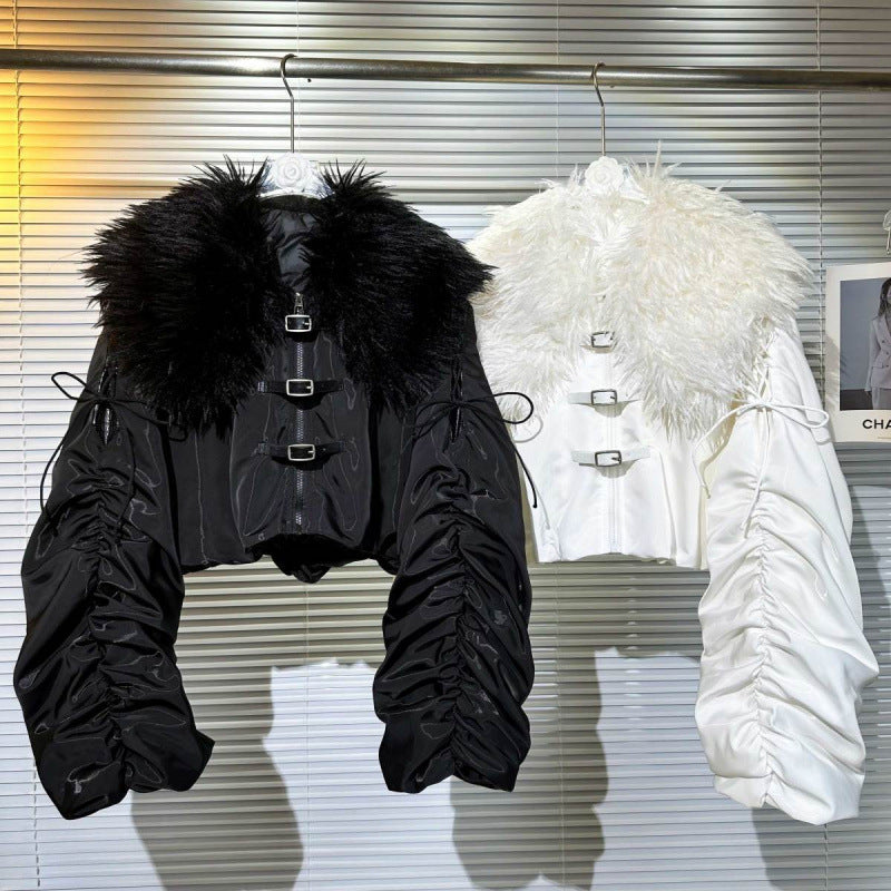 Big Fur Collar Net Red Hot Girl Wear Bright Silk Buckle Fashionable Chic Pleating Down Jacket Coat