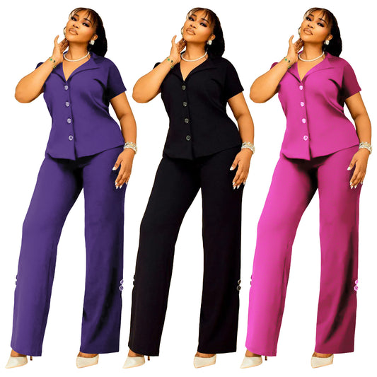 Short Sleeve Button Solid Color Backless Loose Two-piece Suit