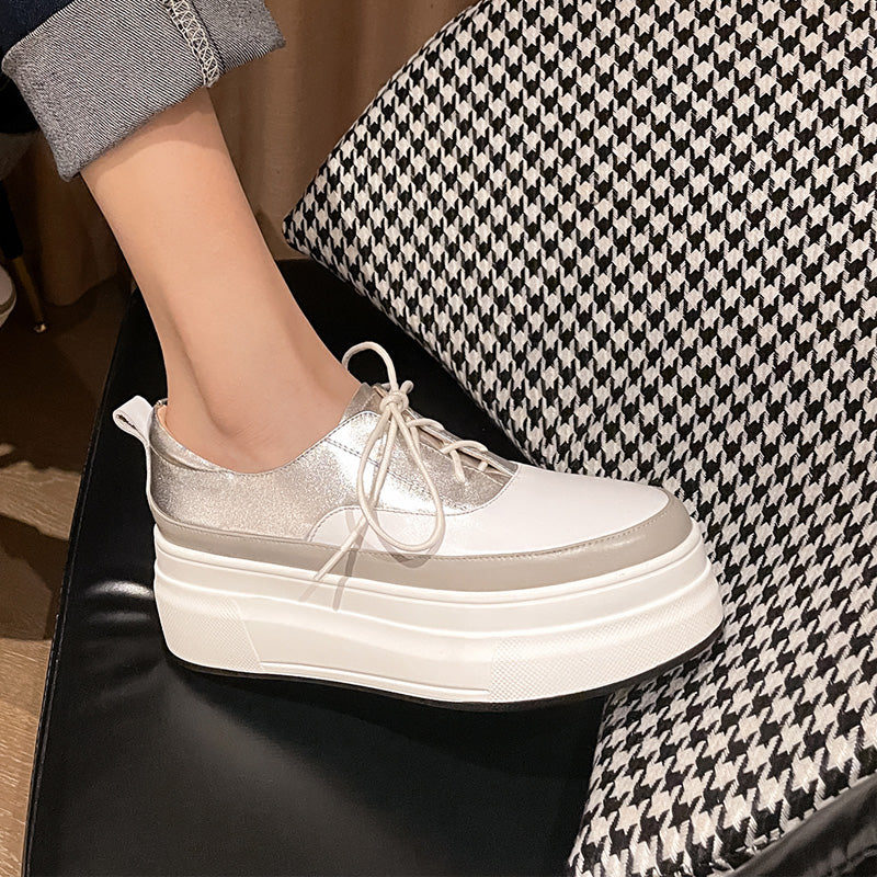 Women's Fashion Leather Color Matching Thick Sole Shoes