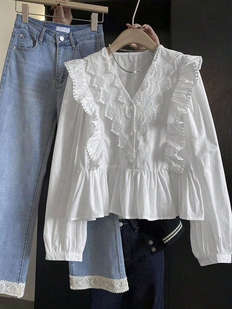 Womens Casual Solid-Color Lace-Patchwork Ruffle-Trim Long-Sleeve Top