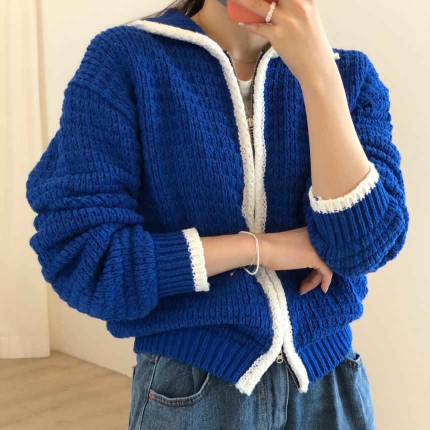 Contrast Thick Needle Zipper Cardigan Sweater Coat Women's Vintage Lapel