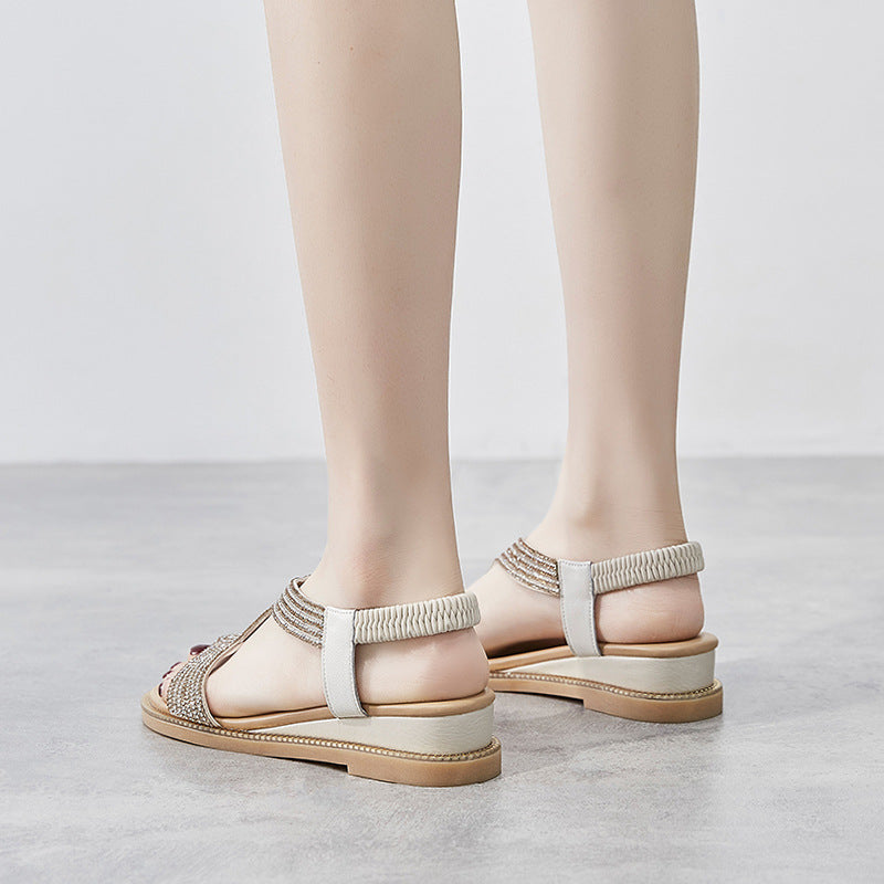New All-match Leather Soft Sole Elastic Band Mid-heel Rhinestone Wedge Women's Shoes