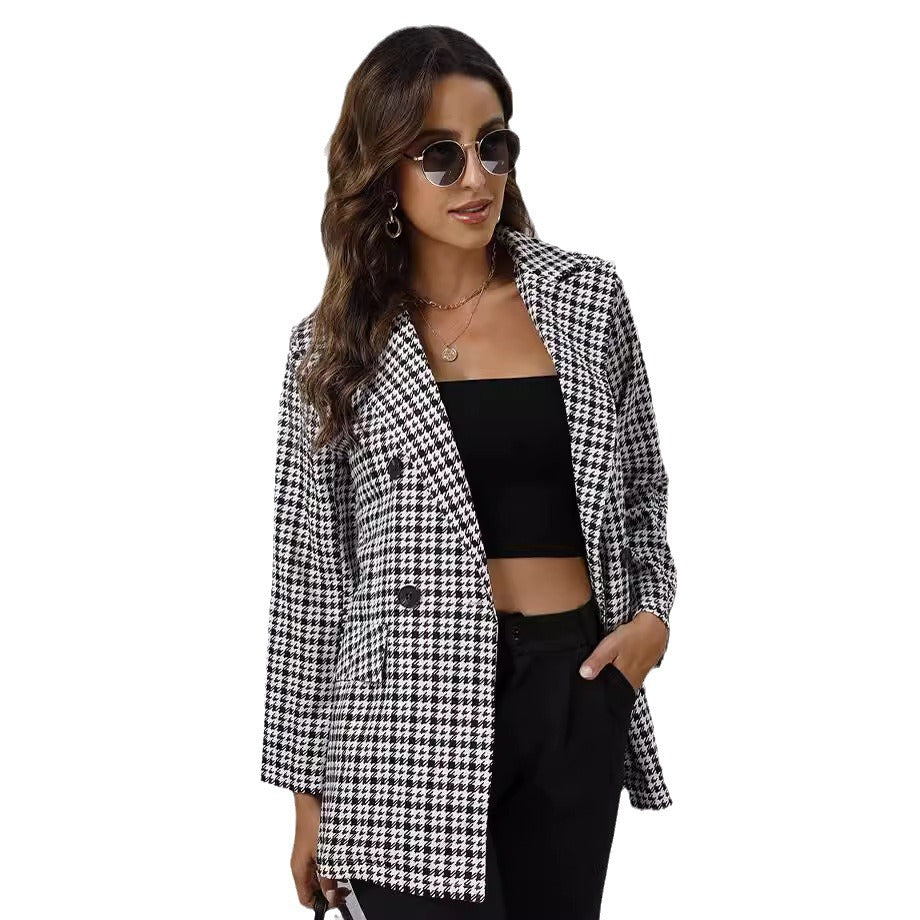 Autumn Women's Houndstooth Lapel Long Sleeve Coat