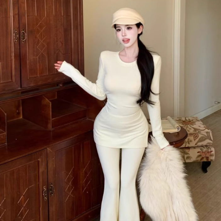 Slimming Round-neck T-shirt And Flared Pants Two-piece Set
