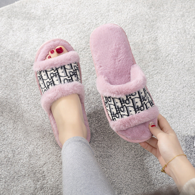 Warm Flat Slippers Women's Home Non-slip Rabbit Fur Fashion