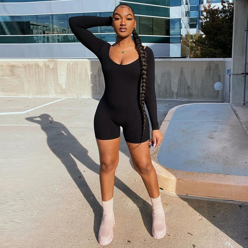 Women's Summer New Solid Color Rib U-neck Long-sleeved Slim Fit Hip Raise Sports Jumpsuit