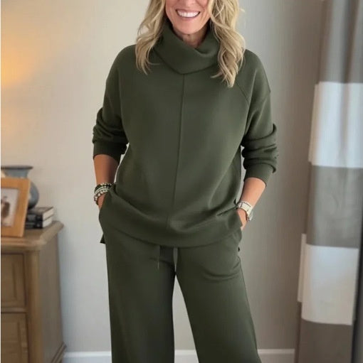 Solid Color Hooded High-neck Top Casual Women's Two-piece Set