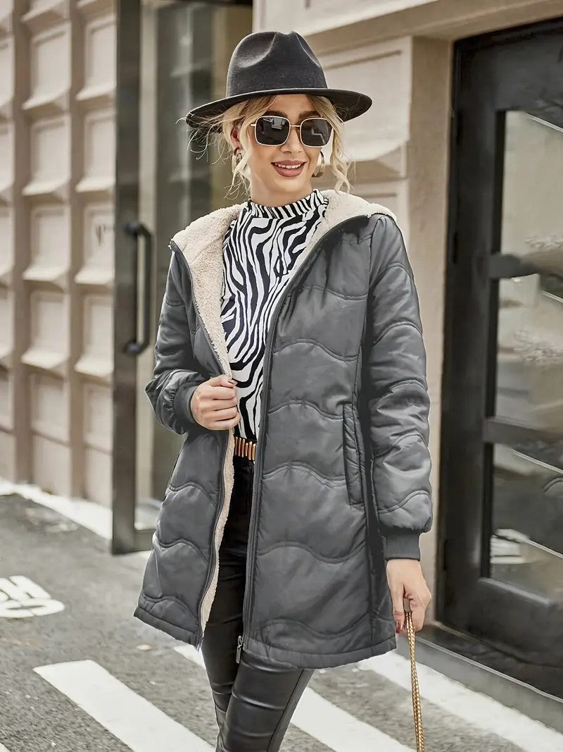 Mid-length Hooded Slim Fit Fleece Lined Coat