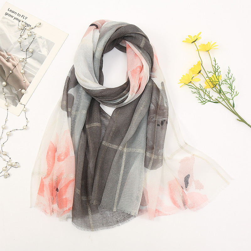 Women's Cotton And Linen Fleece Trimmed Printed Scarf