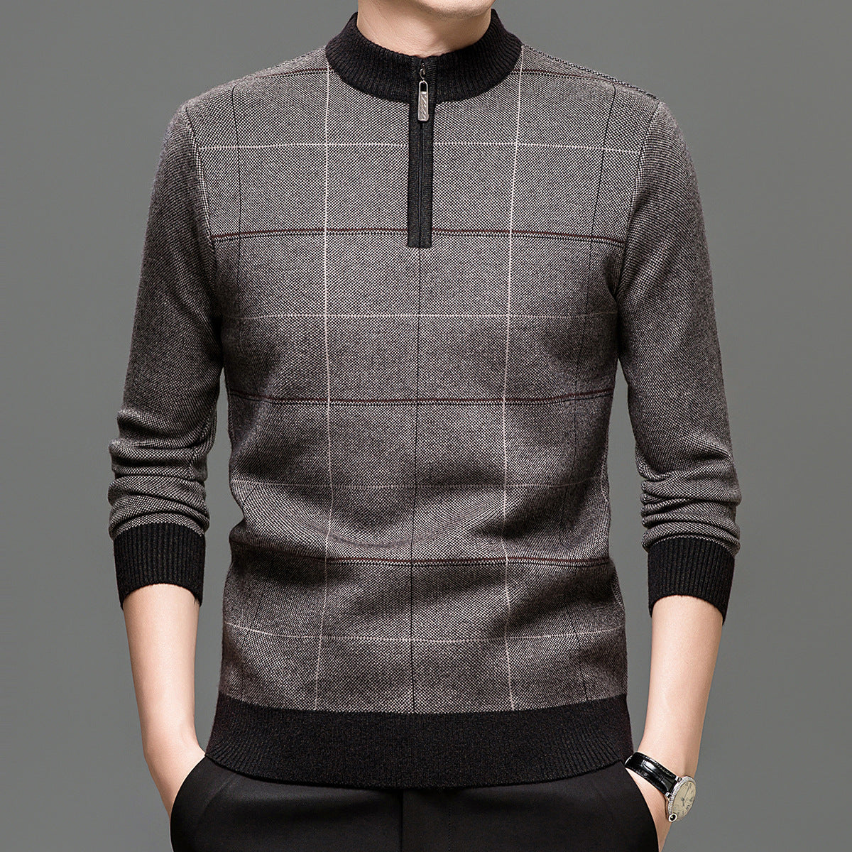 Mens Stylish Plaid Half-zip Knit Sweater