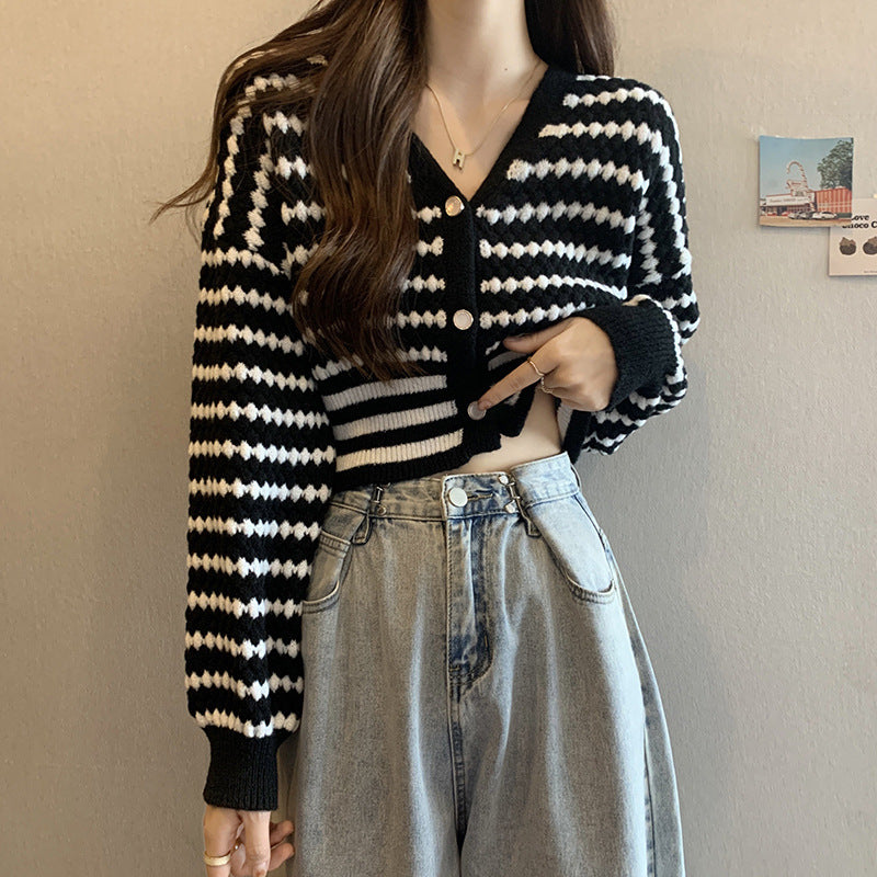 French Style Classic Style Cardigan Knitted Short Striped Sweater
