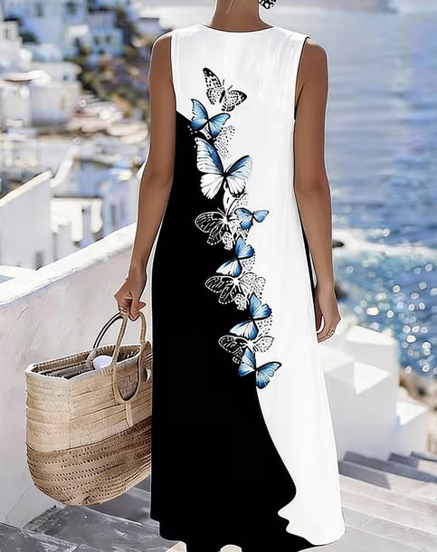 Women'S Casual Color-Block Cotton And Linen Dress