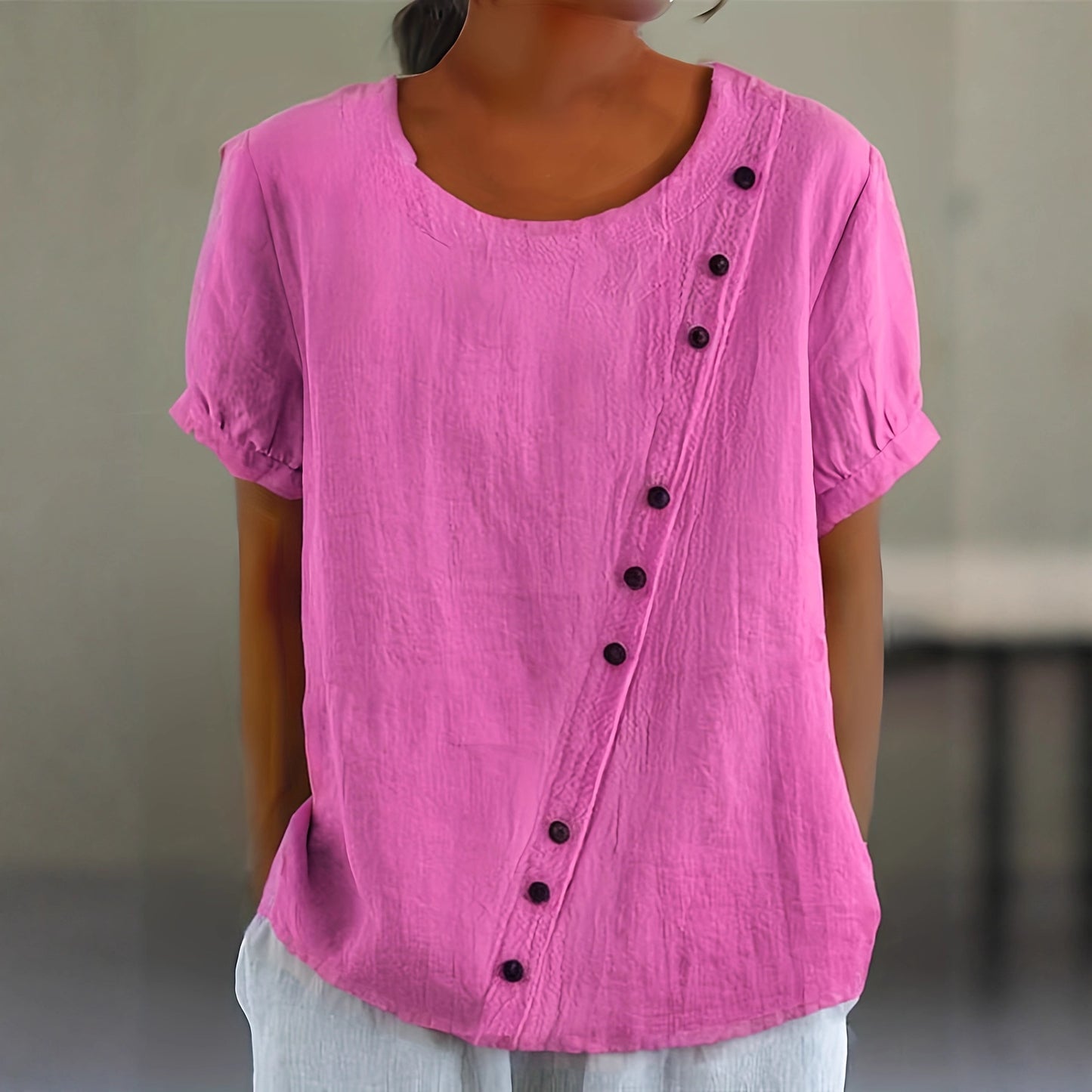 Womens Retro Cotton-Linen Short-Sleeve Shirt