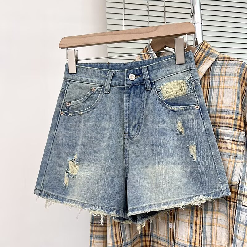 Plus-size High-waisted Ripped Denim Shorts For Women
