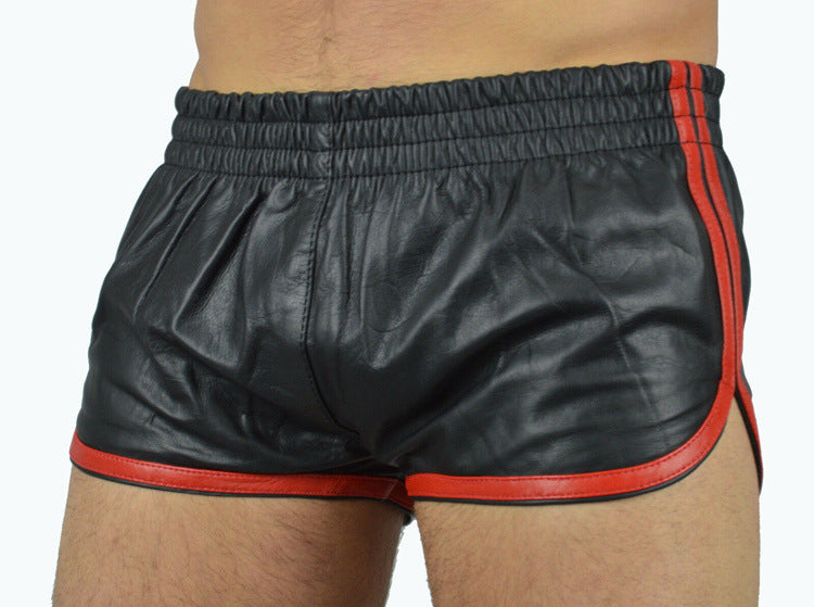 European And American Trend Men's Contrasting Color Hemming PU Leather Shorts