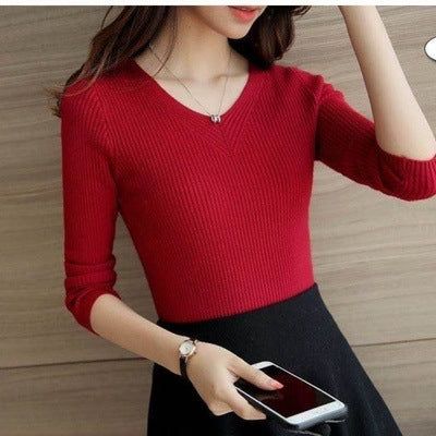 Women's Slim-fit Long-sleeved Pullover Skinny V-neck Sweater