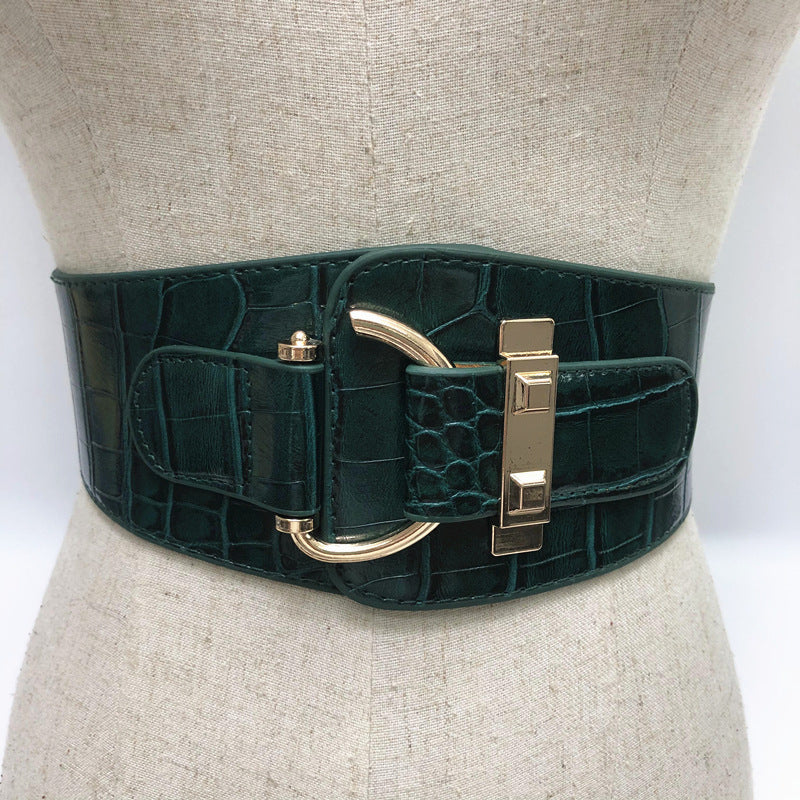 Elastic Wide Pattern Girdle, Patent Leather Women's Metal Buckle Belt