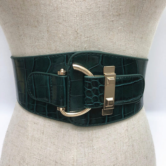 Elastic Wide Pattern Girdle, Patent Leather Women's Metal Buckle Belt