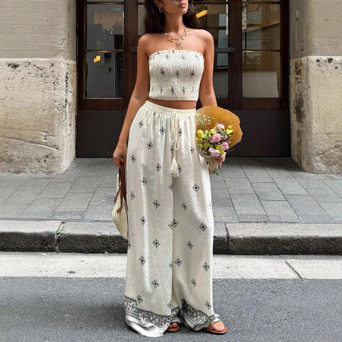 Bohemian Ice-silk Linen Tube Top And Wide-leg Pants