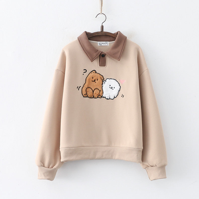 Winter Cartoon Wool Embroidery Puppy Thickened Pullover Long Sleeve Sweater