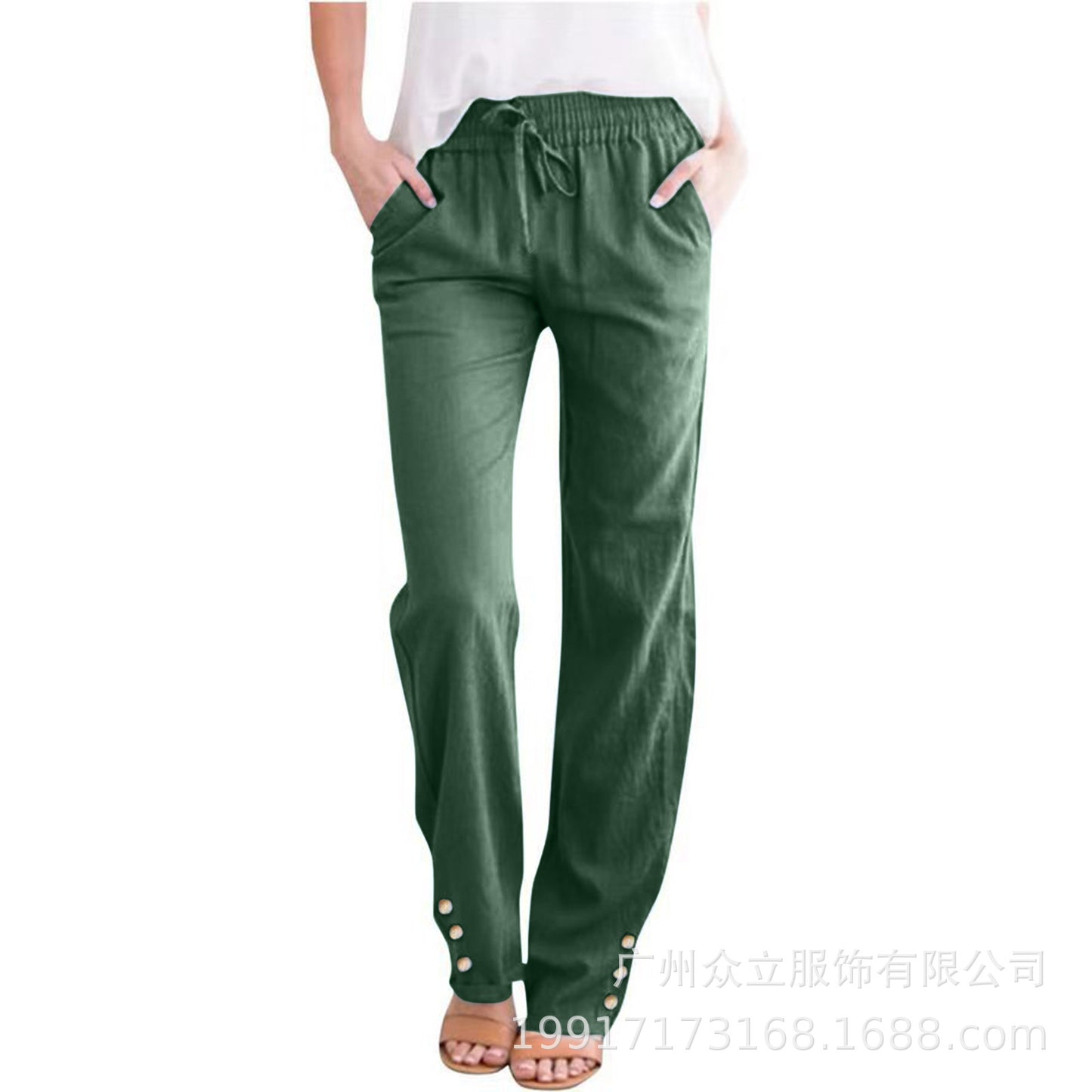 Solid Color Cotton And Linen Loose Drawstring Button Casual Wide-leg Trousers