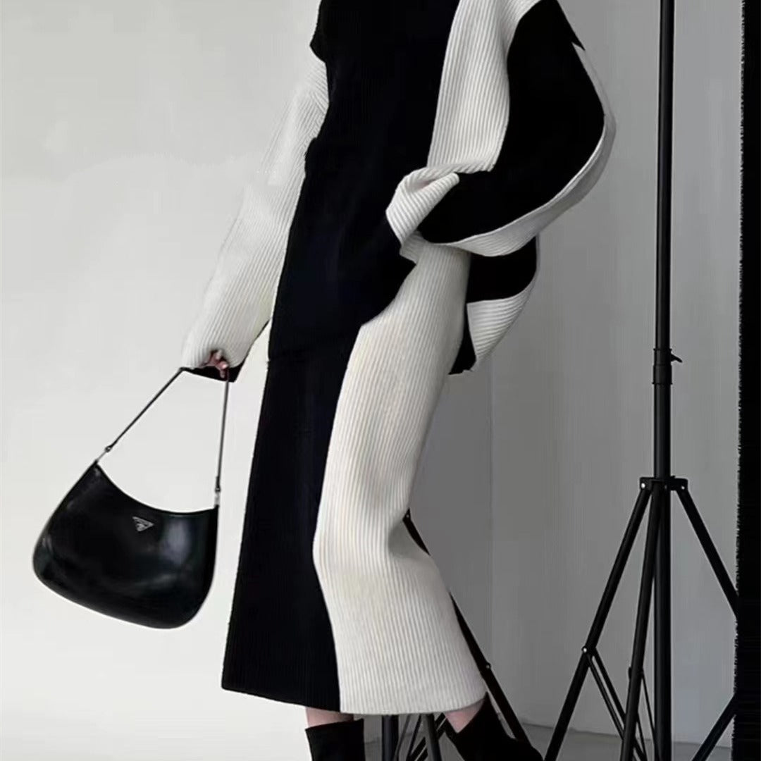 Color-block Design Sweater Skirt Set For Women