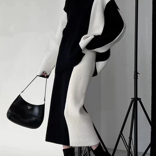Color-block Design Sweater Skirt Set For Women