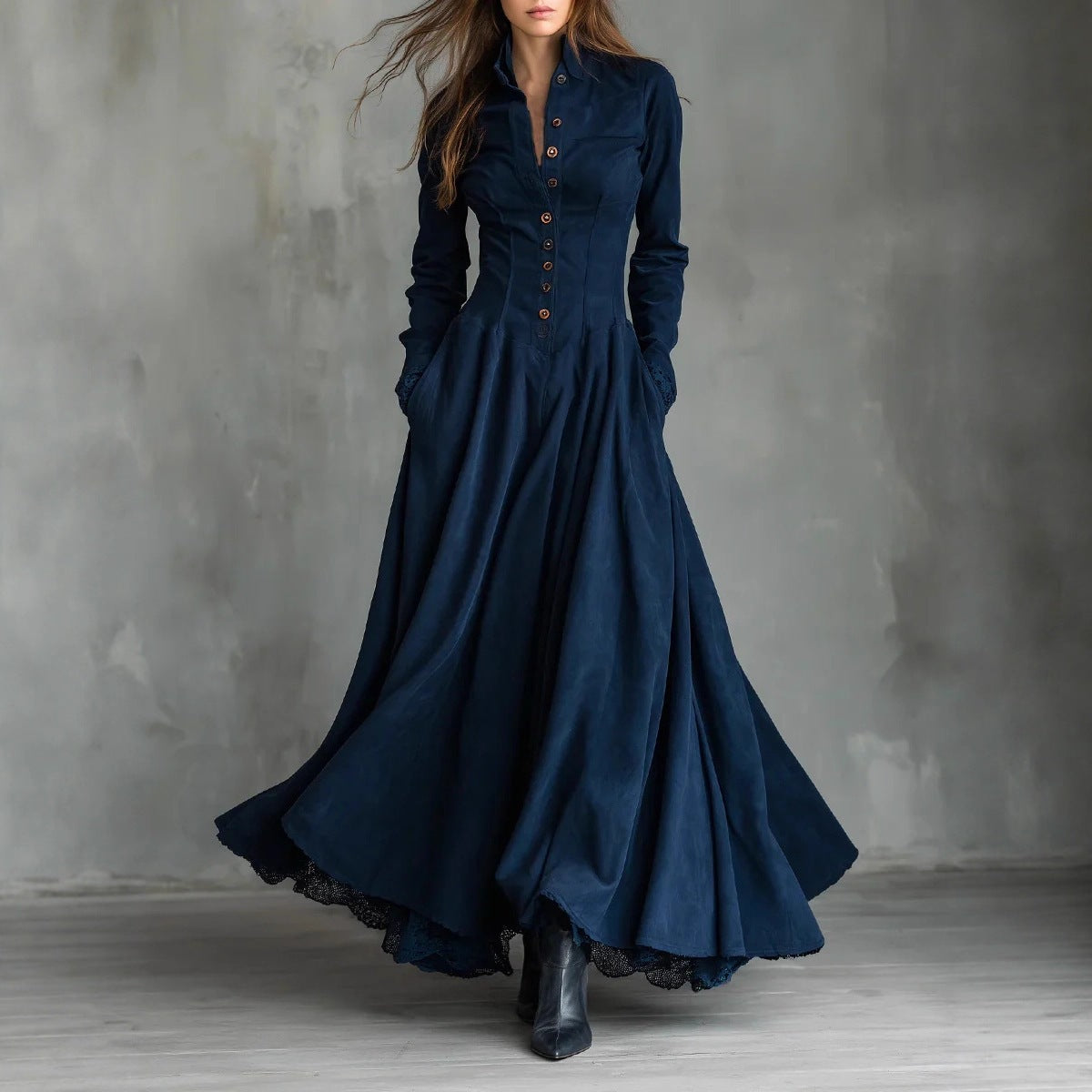 Retro Faux Suede Lace-Trimmed Patchwork Shirt Dress