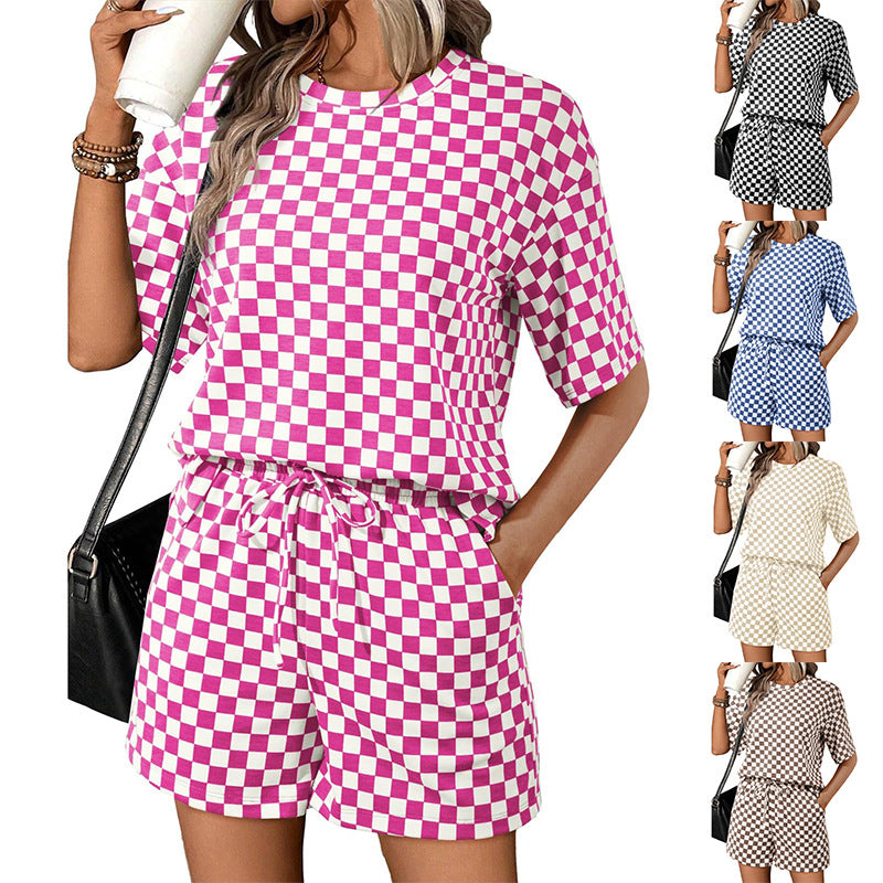 Womens Plaid Print Crew Neck Short Sleeve Drawstring Pocket Shorts Set