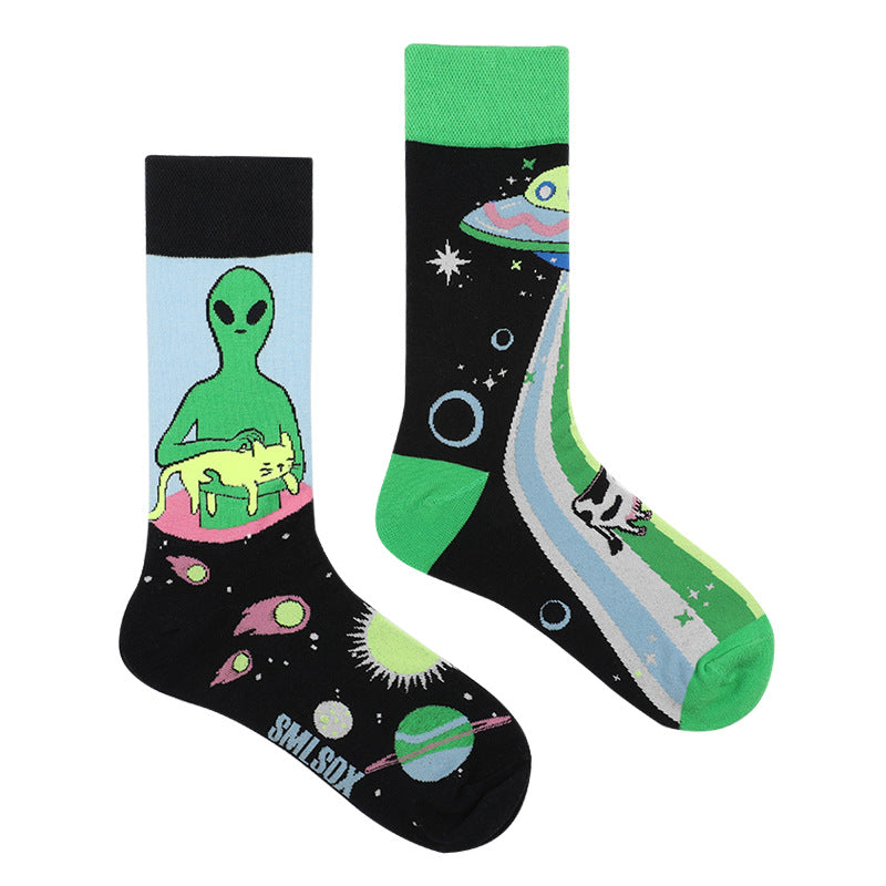 Asymmetrical Color Retro Personality Male And Female Couple Mid-length Cotton Socks