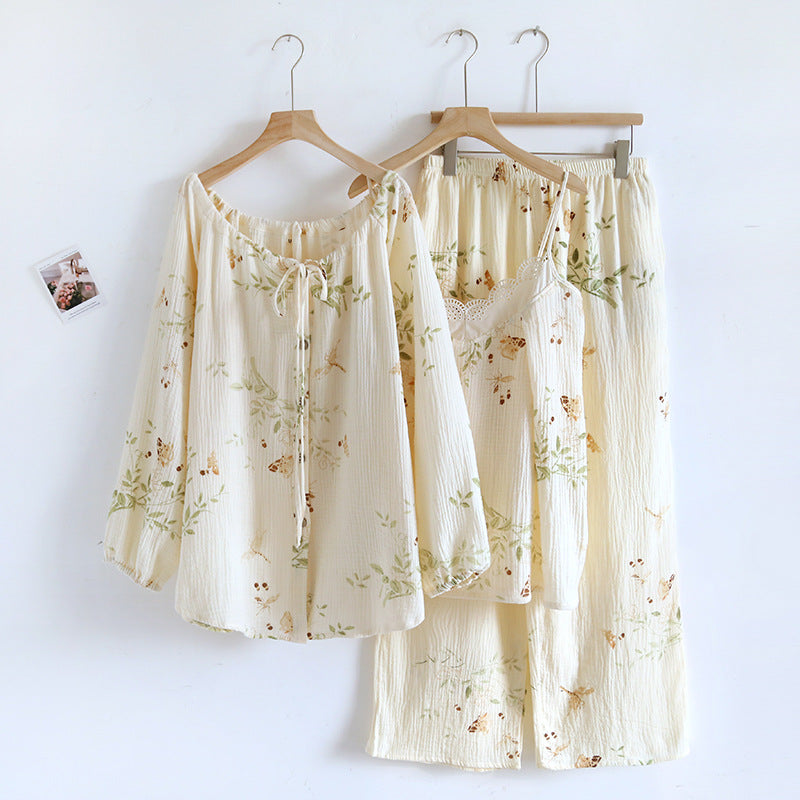 New Cotton Crepe Three-piece Pajamas Women's Homewear Suit